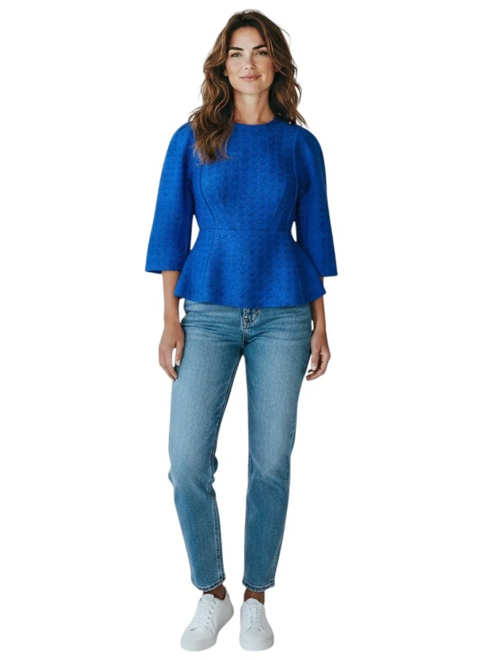 MARNI BLUE HOUNDSTOOTH JACQUARD THREE QUARTER SLEEVED TOP